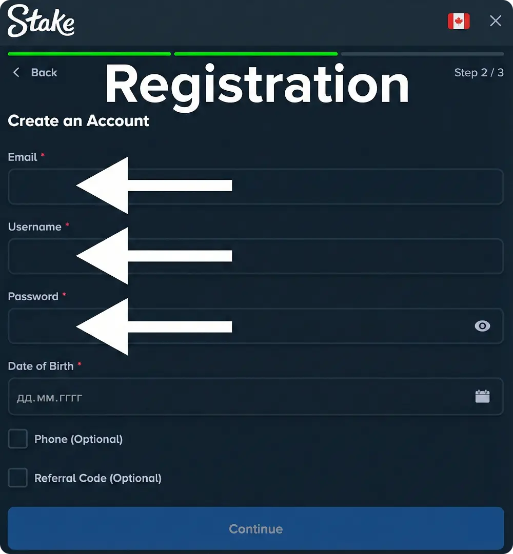 Registration at Stake Casino Canada